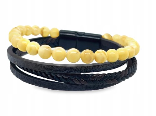 Herrenarmband aus schwarzem Leder und Bernstein