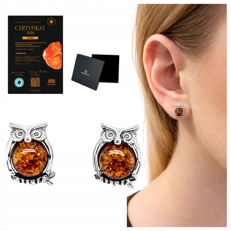 Eulen Ohrringe Silber 925 Cognac Bernstein