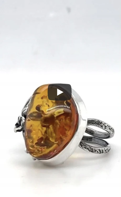 Silberner Ring Rose oxidiert mit Bernstein