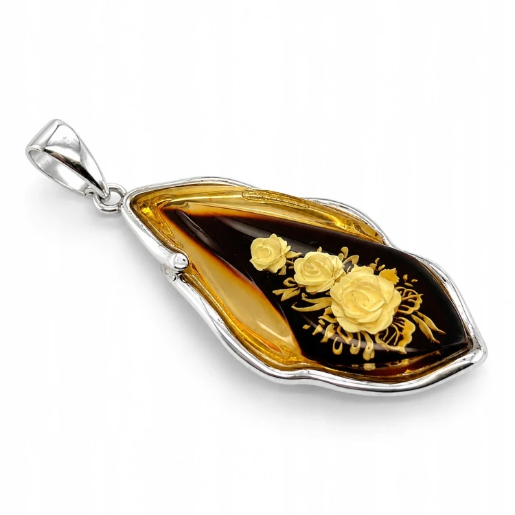 Schmuckanhänger Silber mit cognacfarbener Bernsteinrose