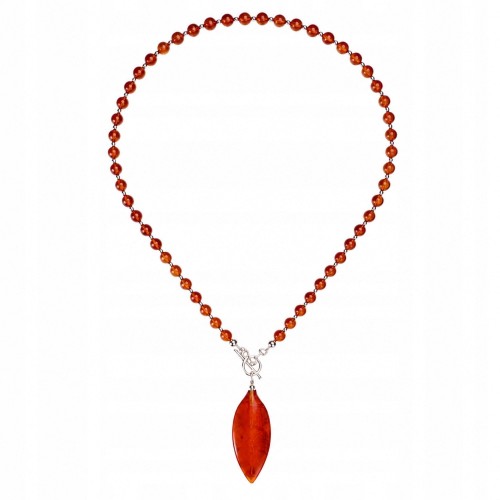 Silbernes Collier mit matten Bernsteinperlen und Blattanhänger