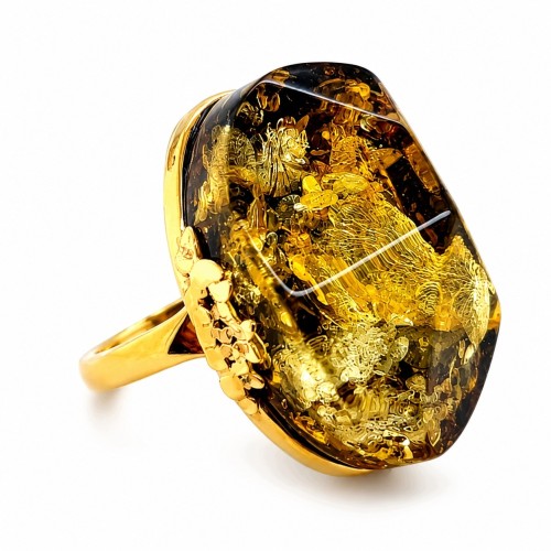 Verstellbarer Ring Silber vergoldet mit grünem Bernstein