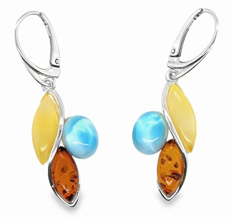 Silberohrringe mit Bernstein und Larimar Draufsicht